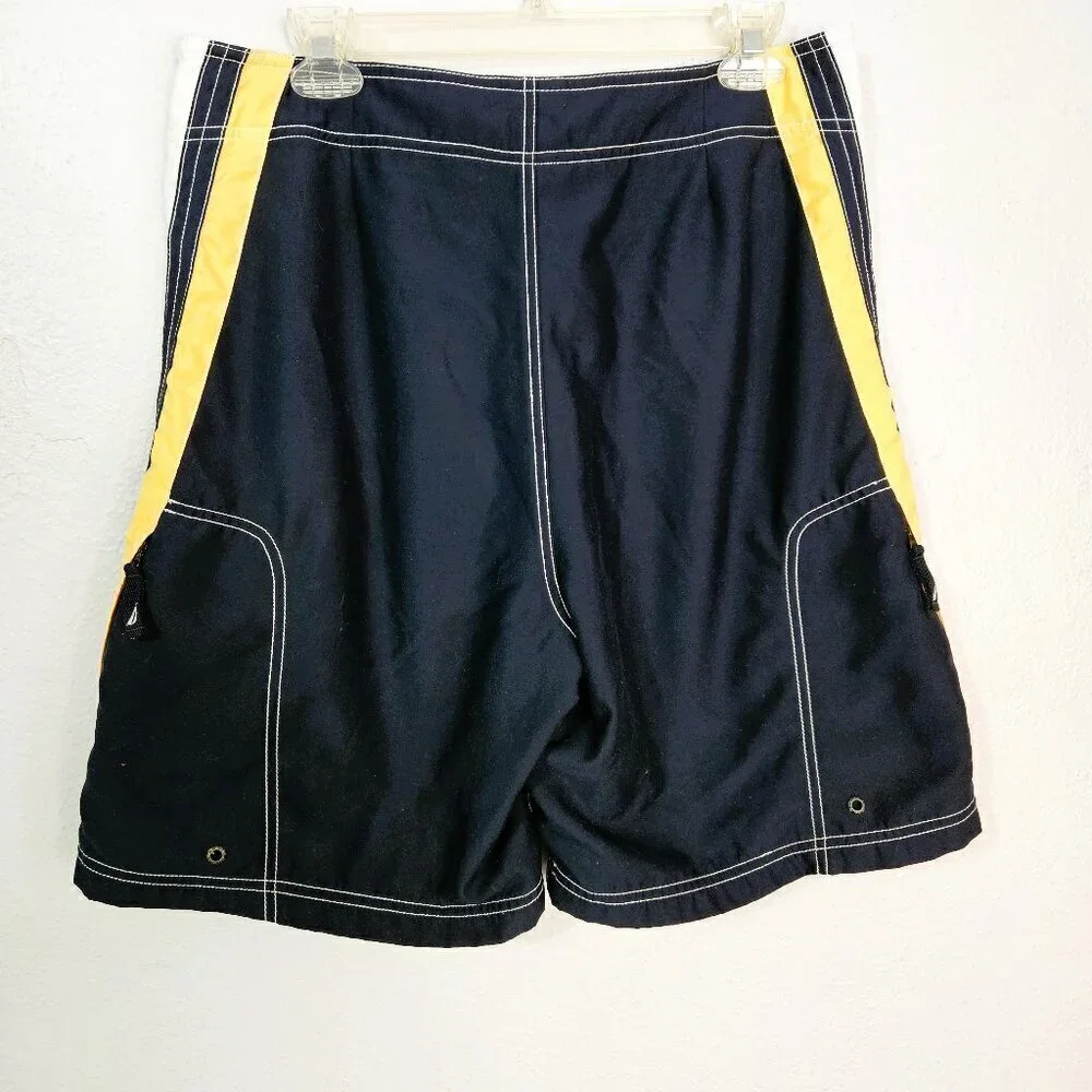 Nautica Men's Swim Trunks Blue with White and Yellow Stripe and Logo Size 36W